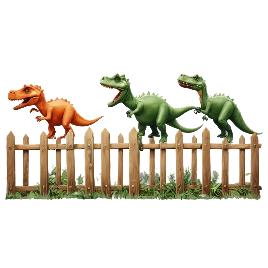 Five-Dinosaurs-Painting-a-Fence-Creative-PNG-Image-for-Playful-Dinosaur-Art