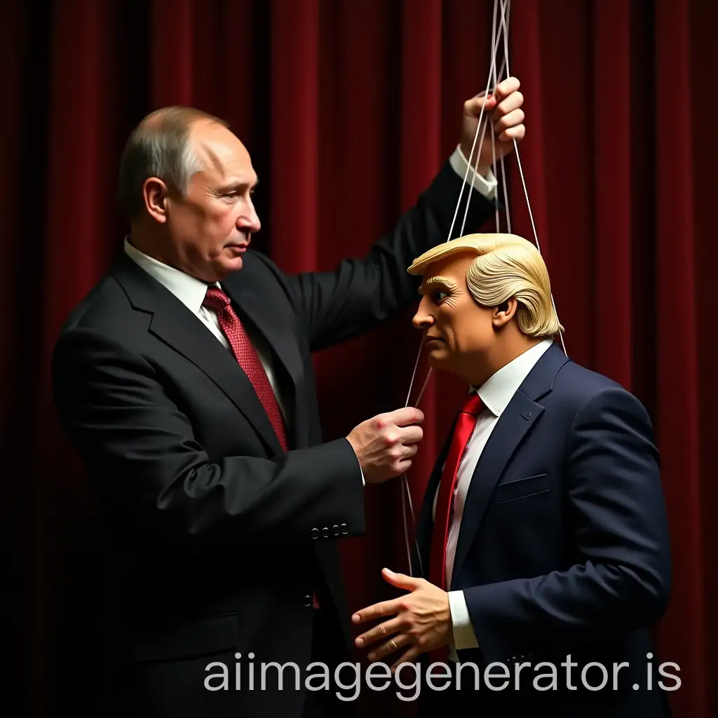 President Vladimir Putin manipulates the strings of a puppet. The puppet represents Donald Trump. it takes place on a theater scene