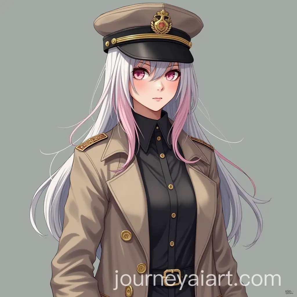 Female-Au-Ra-Gunbreaker-Character-with-White-and-Pink-Hair-in-Trench-Coat-and-Military-Flat-Cap