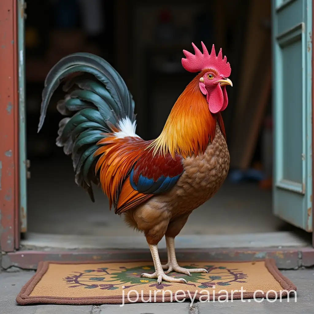 Rooster-Sitting-on-a-Doormat-in-a-Cozy-Home-Setting