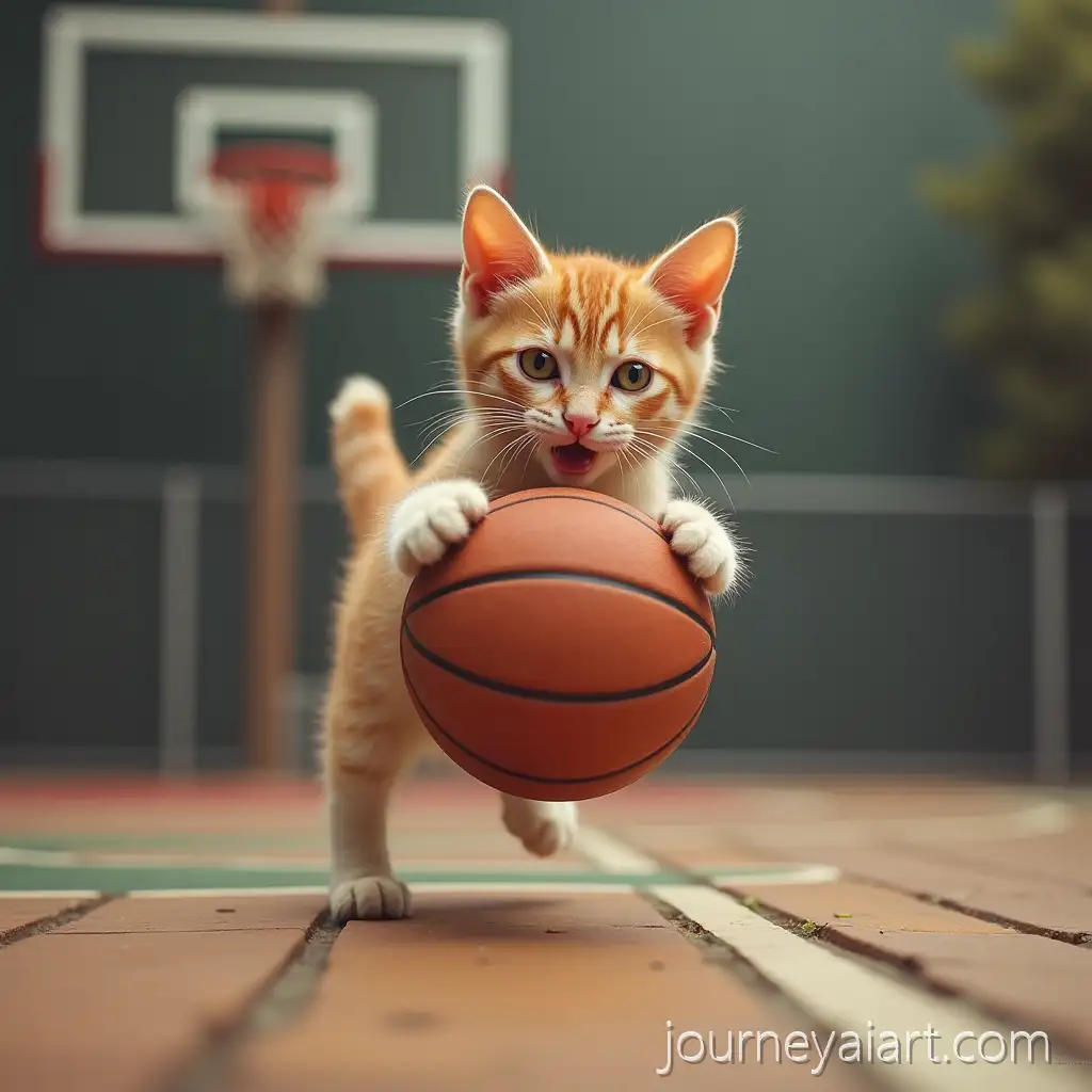 Playful-Cat-Dunking-a-Basketball-on-an-Outdoor-Court