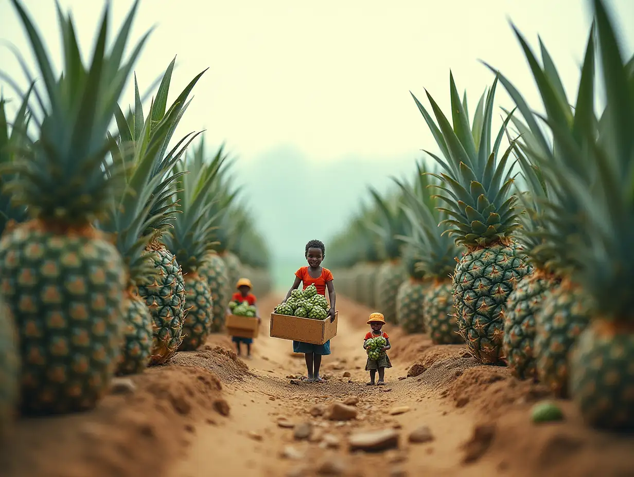 A beautiful small village with pineapple fruit plantation with tiny people with boxes full of (pineapple fruit) Quite a big real photo Triple Exposure Basic idea of something Beautiful Photo