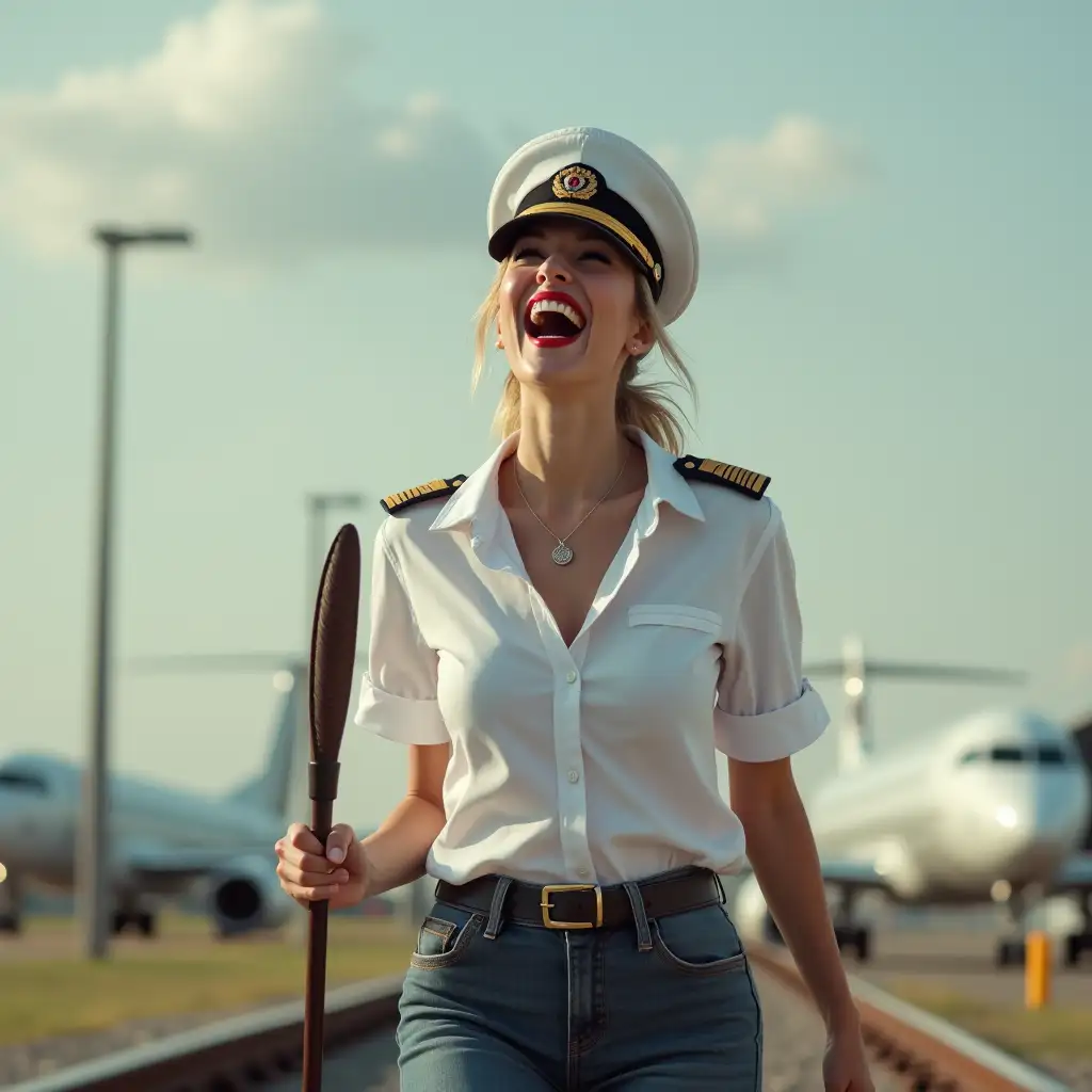 screaming pilot lady , in white unbuttoned airport security shirt, laughing with her mouth open, red lipstick accentuating her smile,belt on waist, jewerly, white skin, HD, holds long riding crop, photo-realism, walking on rails