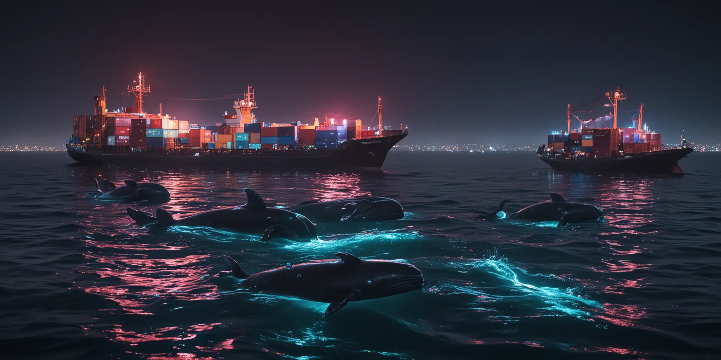 Neon Disco Sperm Whales in Dark Ocean