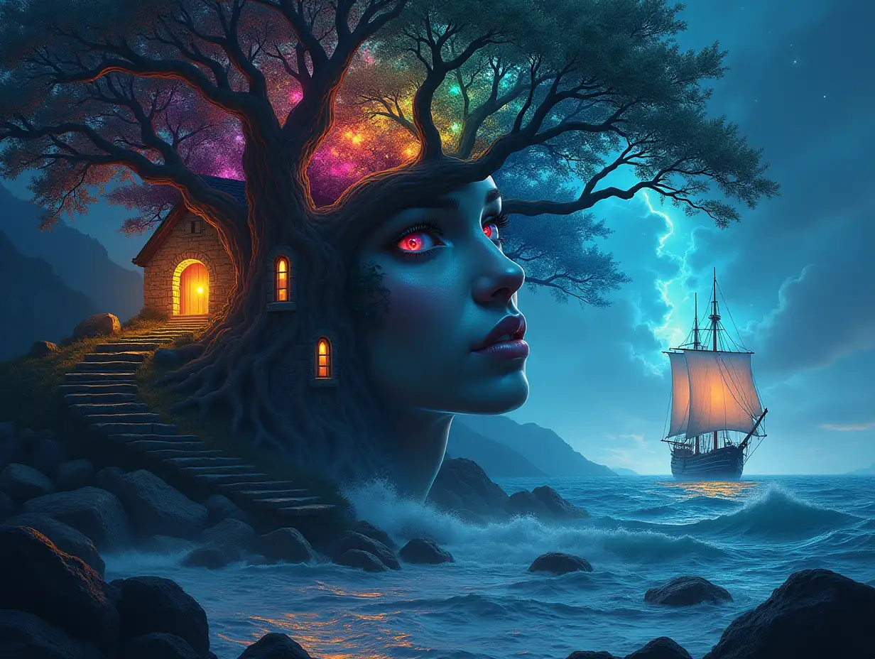 Creating a Digital painting face with rainbow hair transforms into building with stone and lighting trees with roots and rocks and lantern at the sea,with large sailboat lit and very big waves strange creatures-in the night 