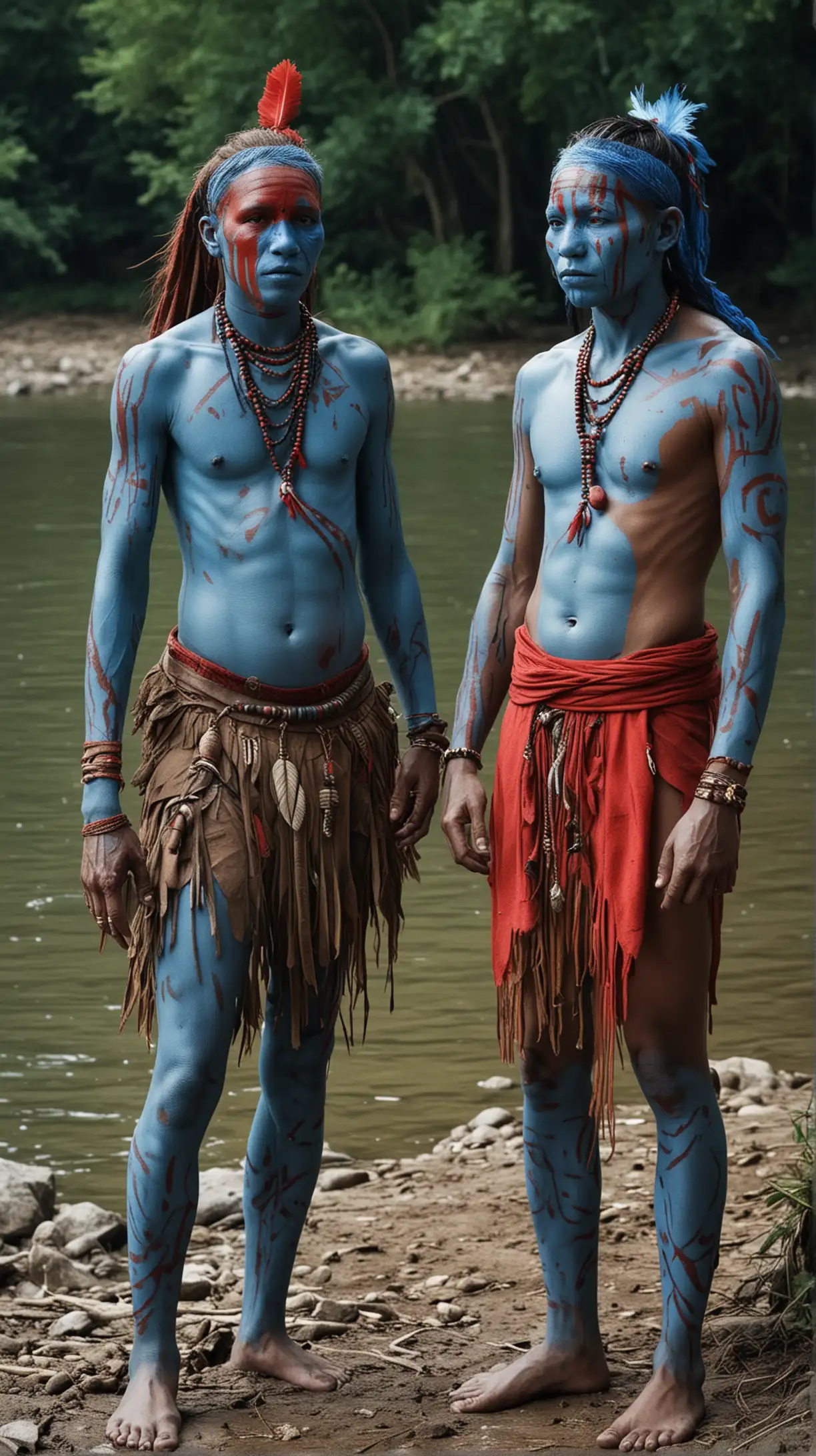 Tribes with Red and Blue Skin Divided by River