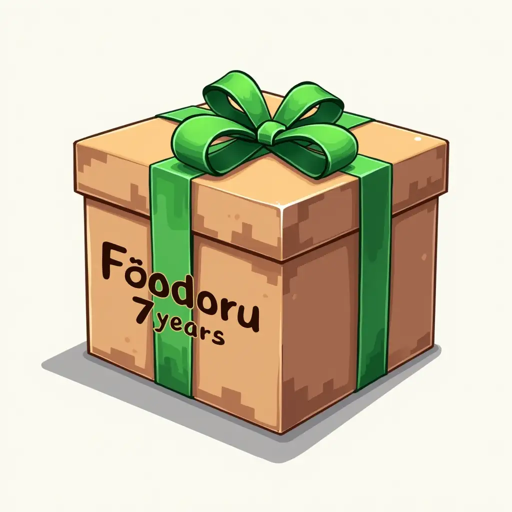 A gift box for a birthday. Inscription 'Fëodoru 7 years'. Drawn in a vector image. Image of the box in the style of Minecraft.