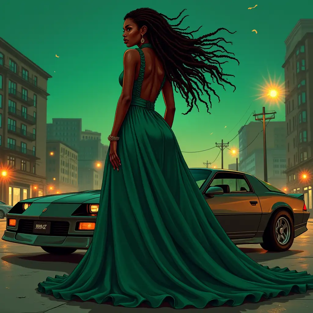 Stylish African American Woman in a Wavy Silk Dress with a Chevrolet Camaro