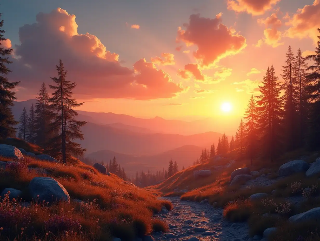 A beautiful photorealistic landscape with the sunrise