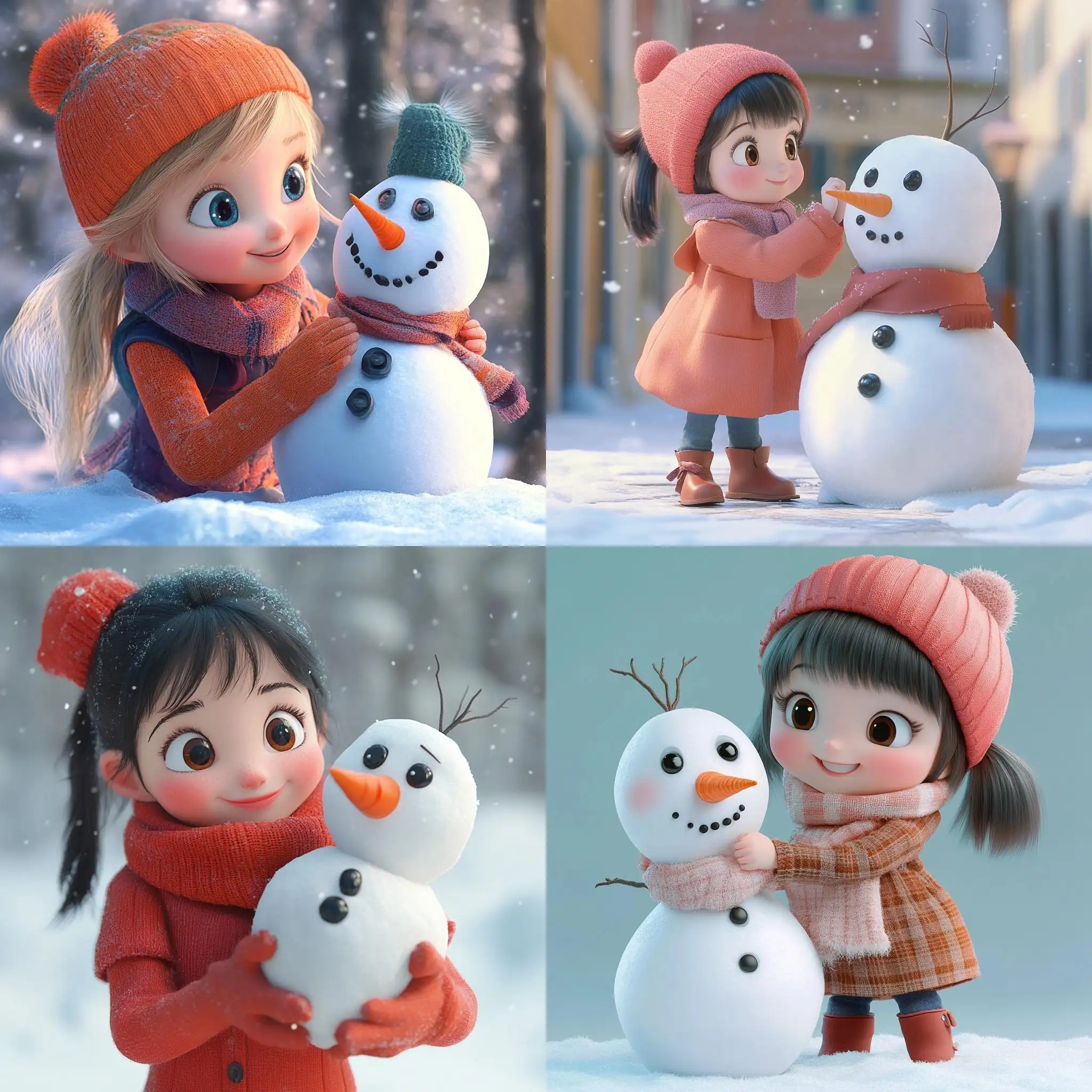Cute-Girl-Making-a-Snowman-in-Disney-Style-3D-Rendering