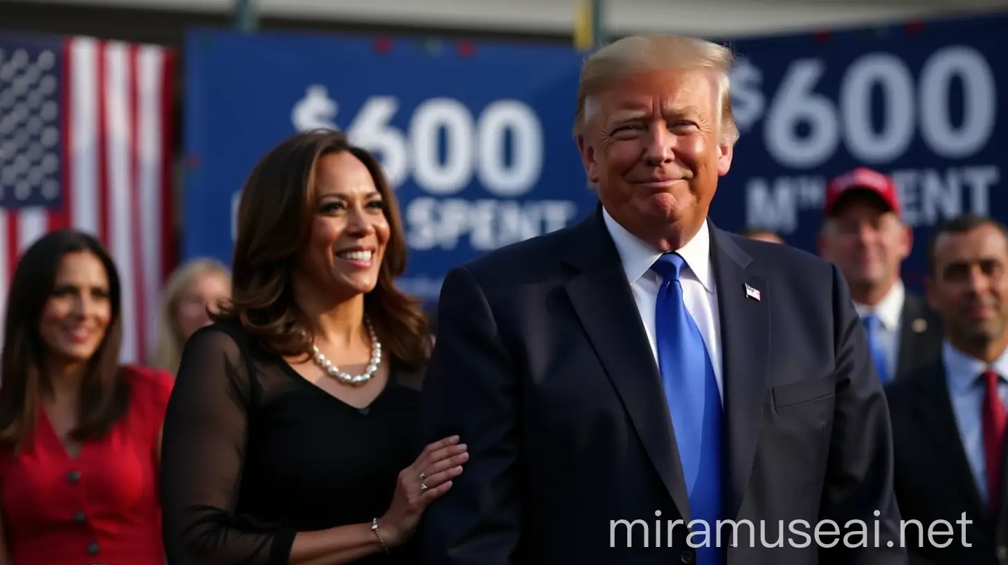 Kamala Harris and Donald Trump Greeting the Public at Election Rally with 600 Mn Spent Billboard