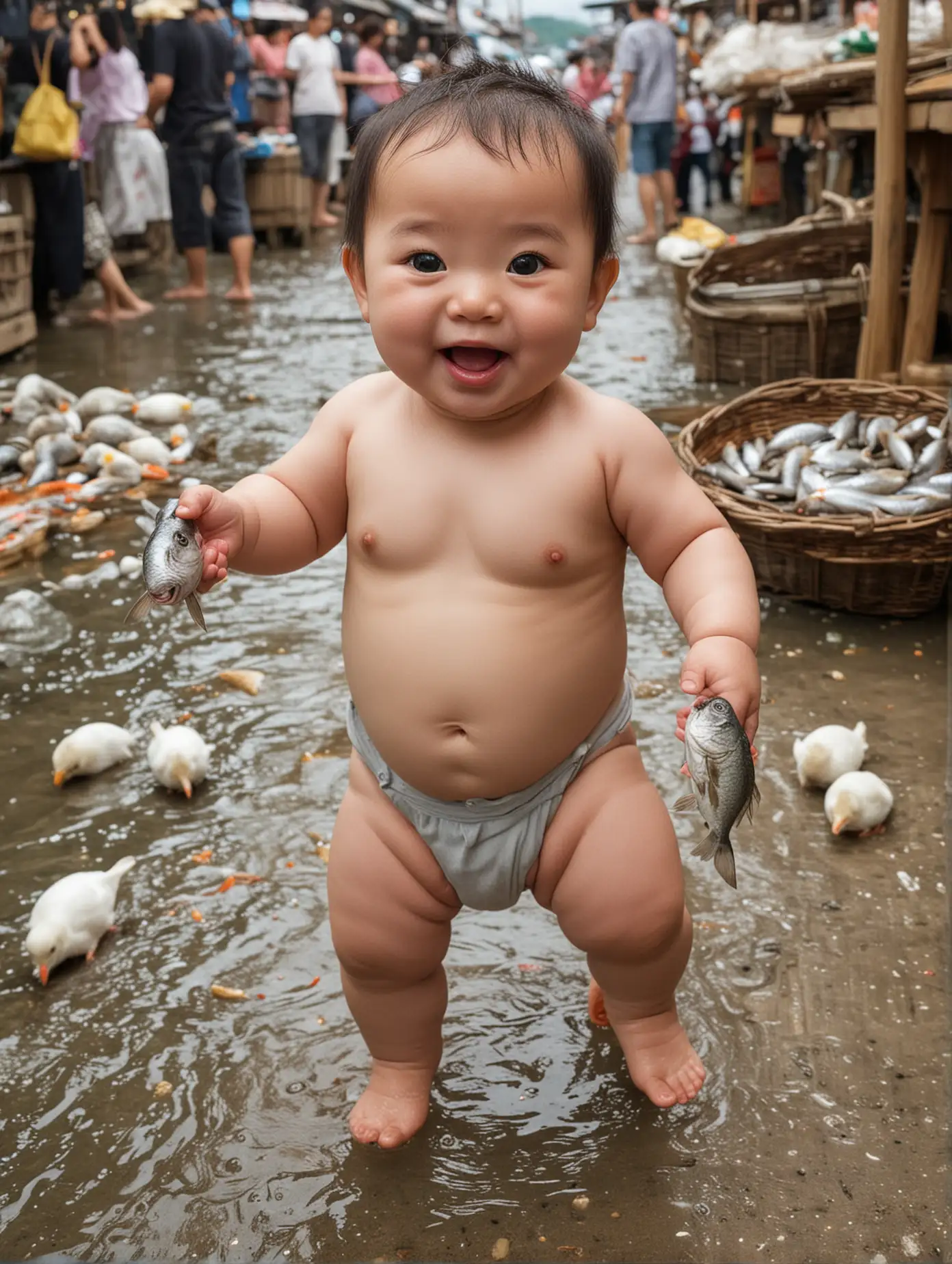 Chubby-Baby-in-Japan-Running-with-Fish-at-a-Market