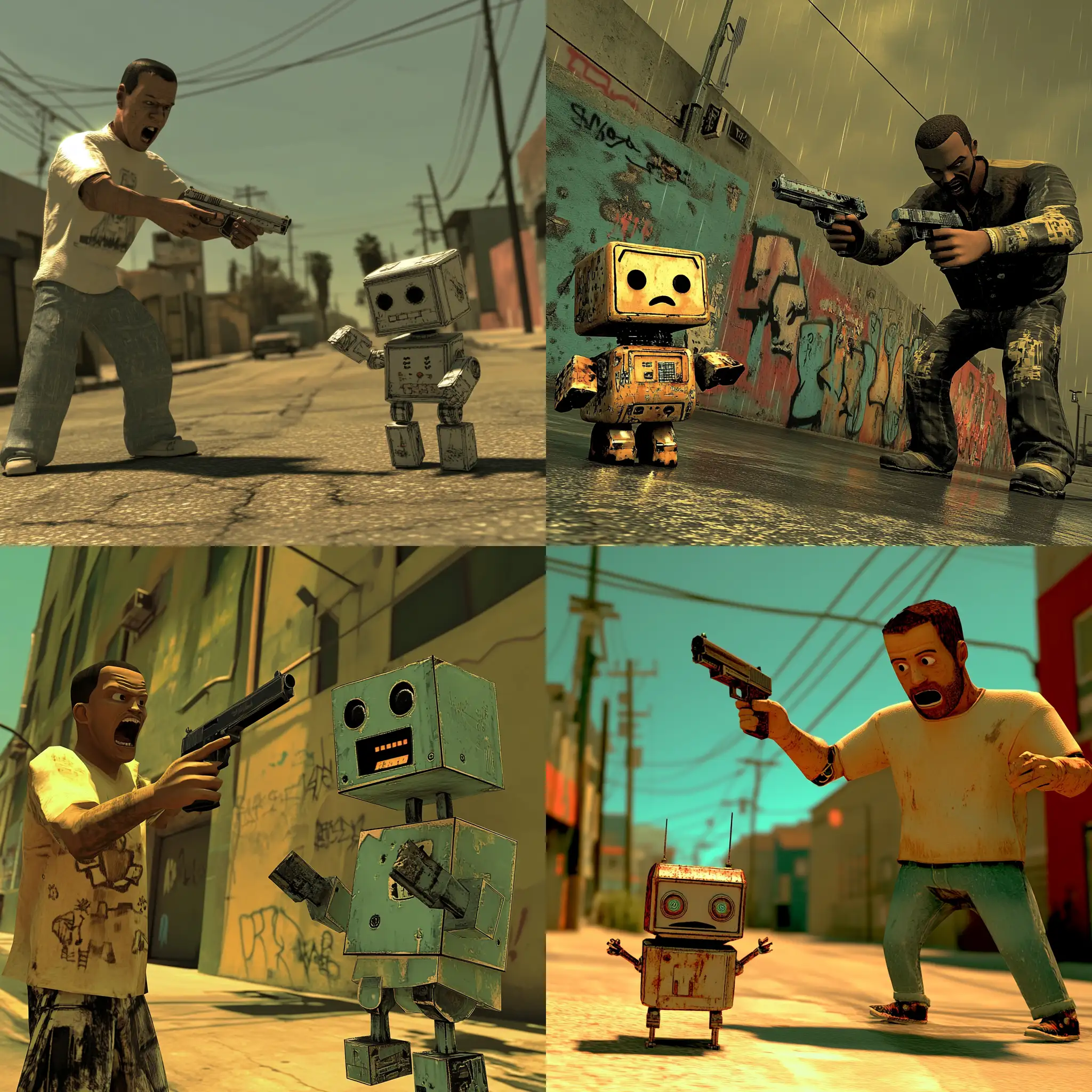 Man-Yelling-at-Sad-Robot-on-a-Daytime-Street