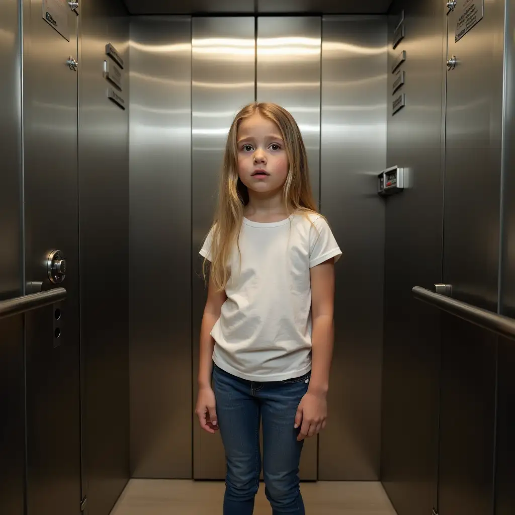7-year-old Polish girl stands in an elevator. She is wearing a t-shirt and jeans. She looks scared towards the camera.