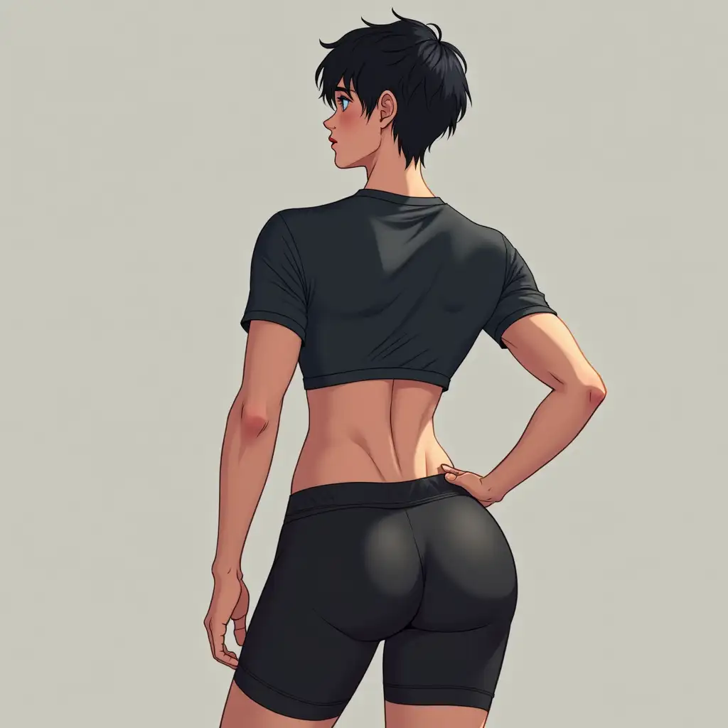 Feminine-Male-in-Gym-Shorts-and-Tight-TShirt-with-Black-Hair-and-Blue-Eyes