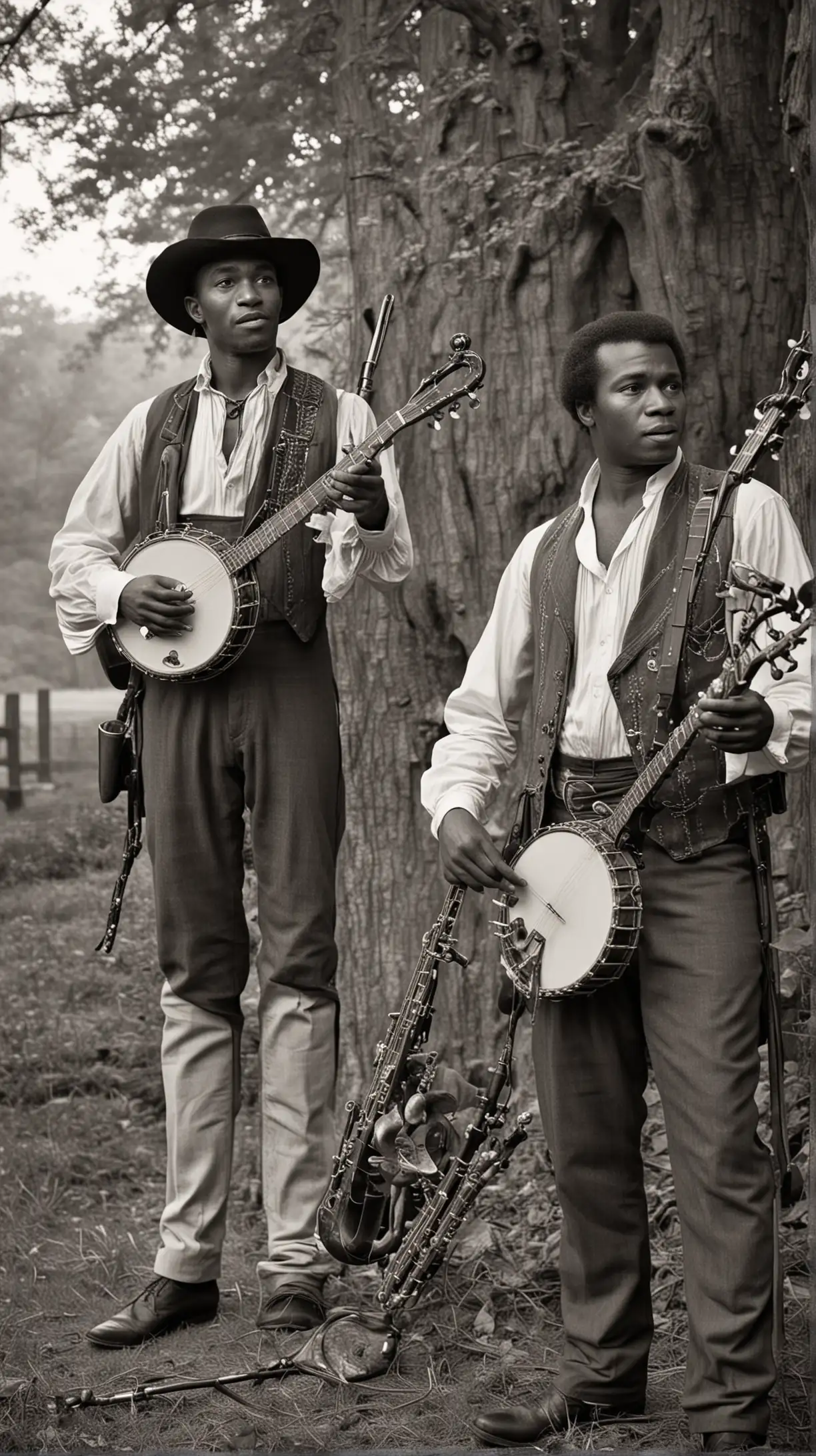 A 18th-century Black handsome country music singers performing with banjos and saxophones, exuding charm and talent. Make image black and white.