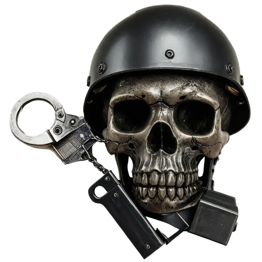 Cranium-Skull-with-Helmet-Firearm-and-Handcuffs-PNG-Image-Enhance-Your-Visual-Content-with-Intriguing-Symbolism