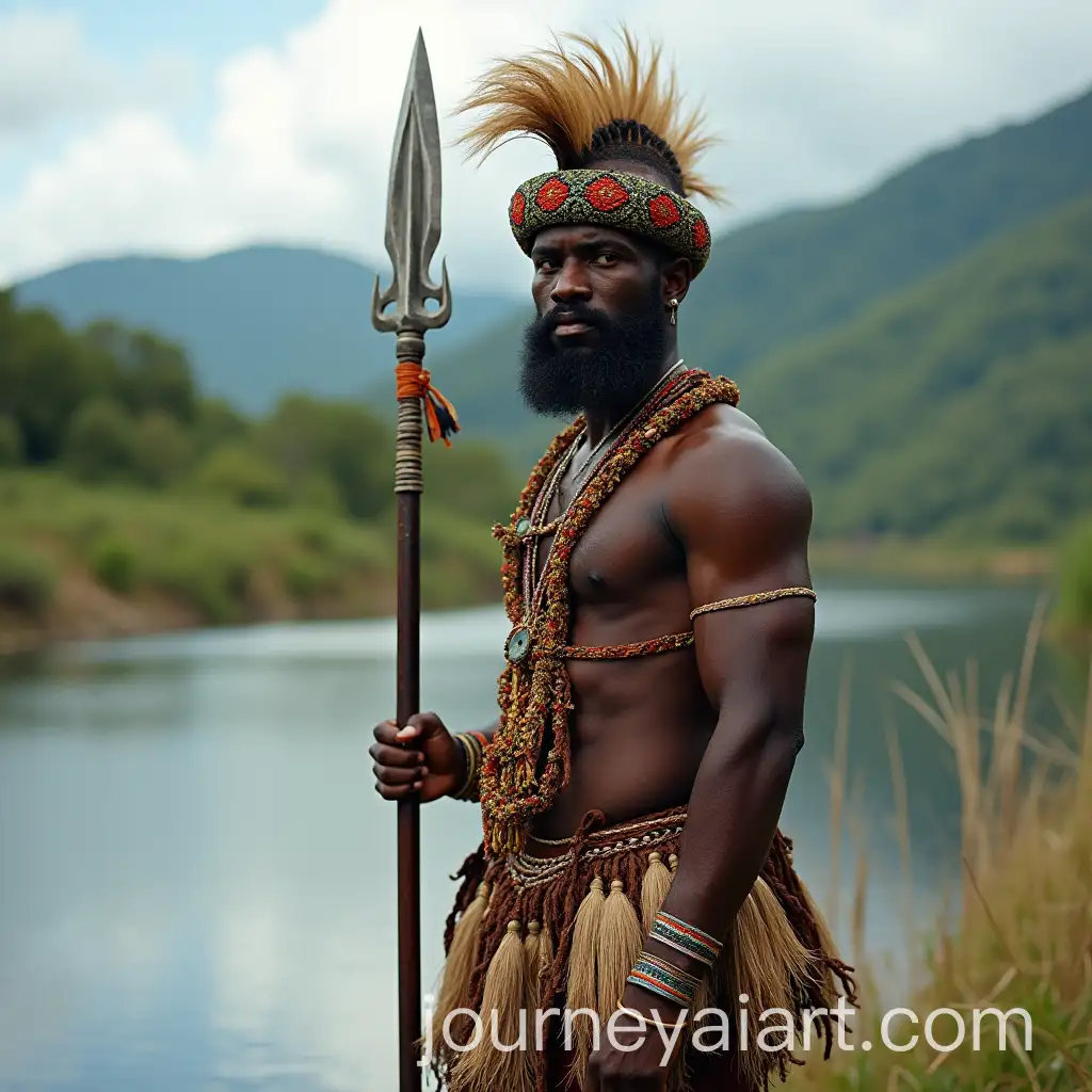 Papua-New-Guinea-Man-in-Traditional-Oro-Province-Attire-Holding-a-Spear-by-the-River