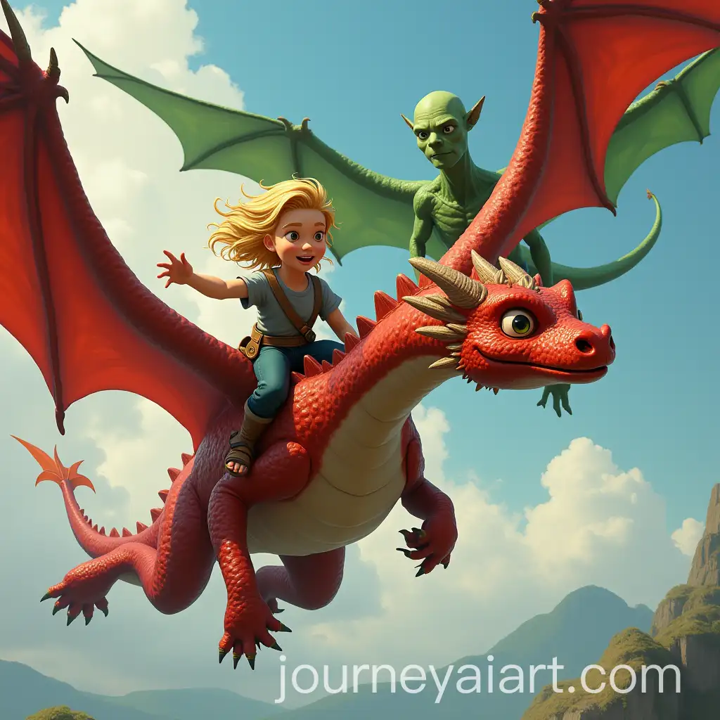 Boy-and-Adult-Flying-on-Red-and-Green-Dragons