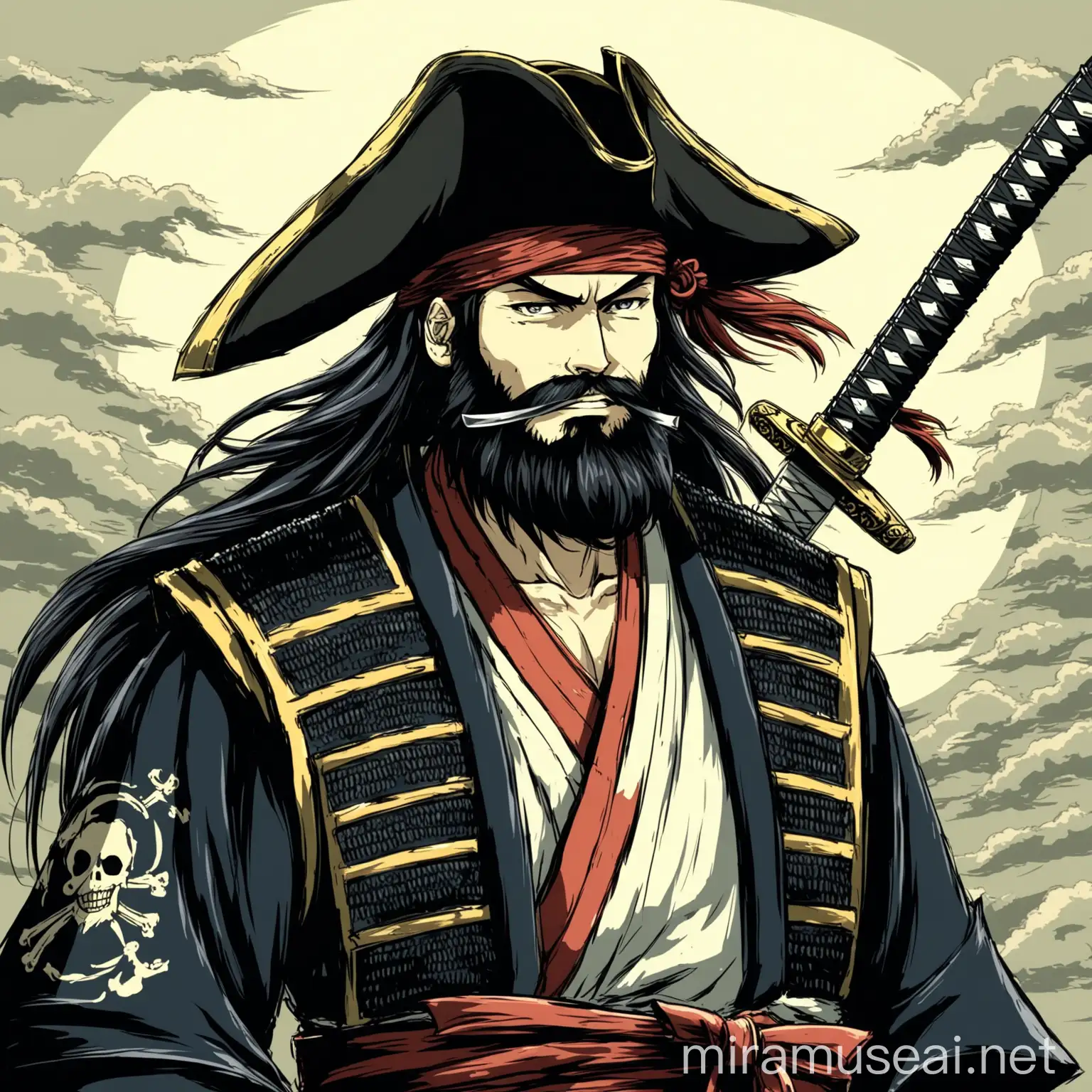 Anime Samurai Pirate with Unique Katana and Beard