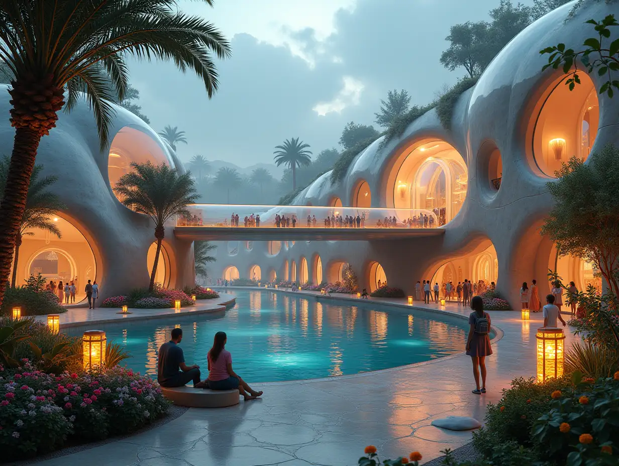 Create a high-resolution, realistic panorama image of a futuristic bubble palace with window bridge, one and one with very many people, many plants and colorful flowers colorful buildings on the sidewalk lit lanterns desert oasis, large trees, very cloudy sky