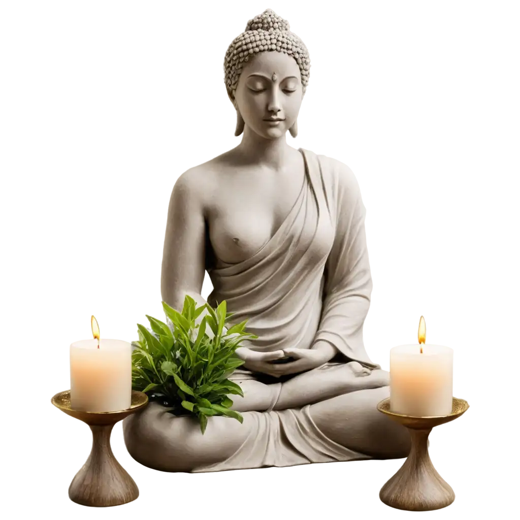 Serene-Meditating-Statue-PNG-with-Plants-and-Candles-for-Mindfulness-and-Peace