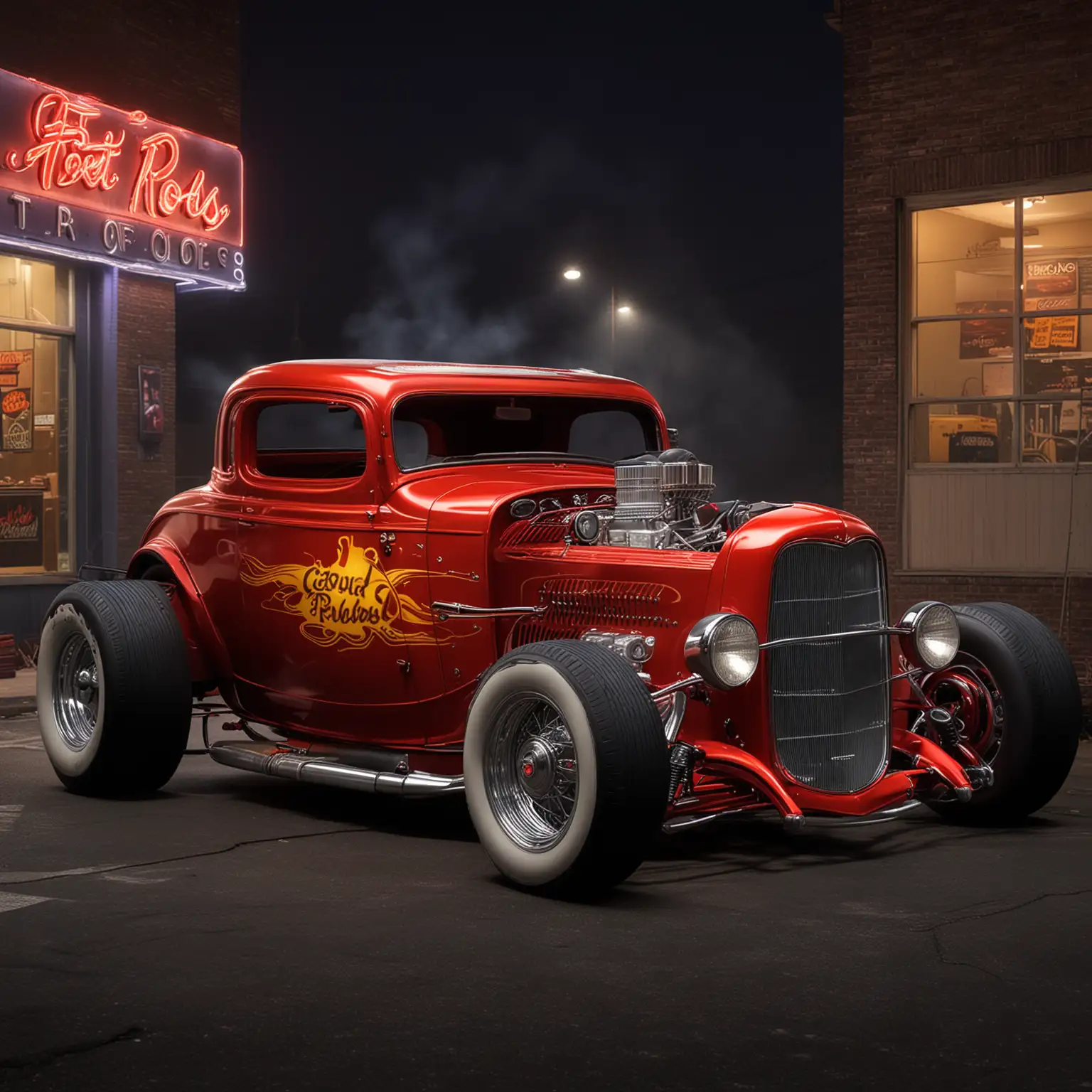 Photorealistic Illustration of a 1932 Ford 3 Window Coupe Racing at Night Under Neon Lights