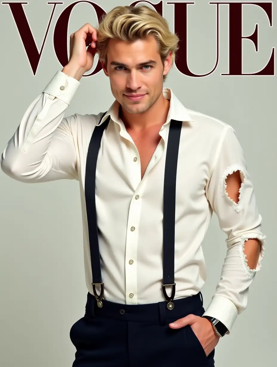 Picture in the form of a cover of Vogue magazine.  A man with blond wavy hair, hair with a parting on the side.  The man has green eyes, he smiles slightly.  With one hand he touches his hairstyle, the other hand in the pocket of his trousers.  On the man is a white shirt, with widened buttons, the sleeves of the shirt are torn to the elbows.  On a man, black trousers with suspenders over a shirt.