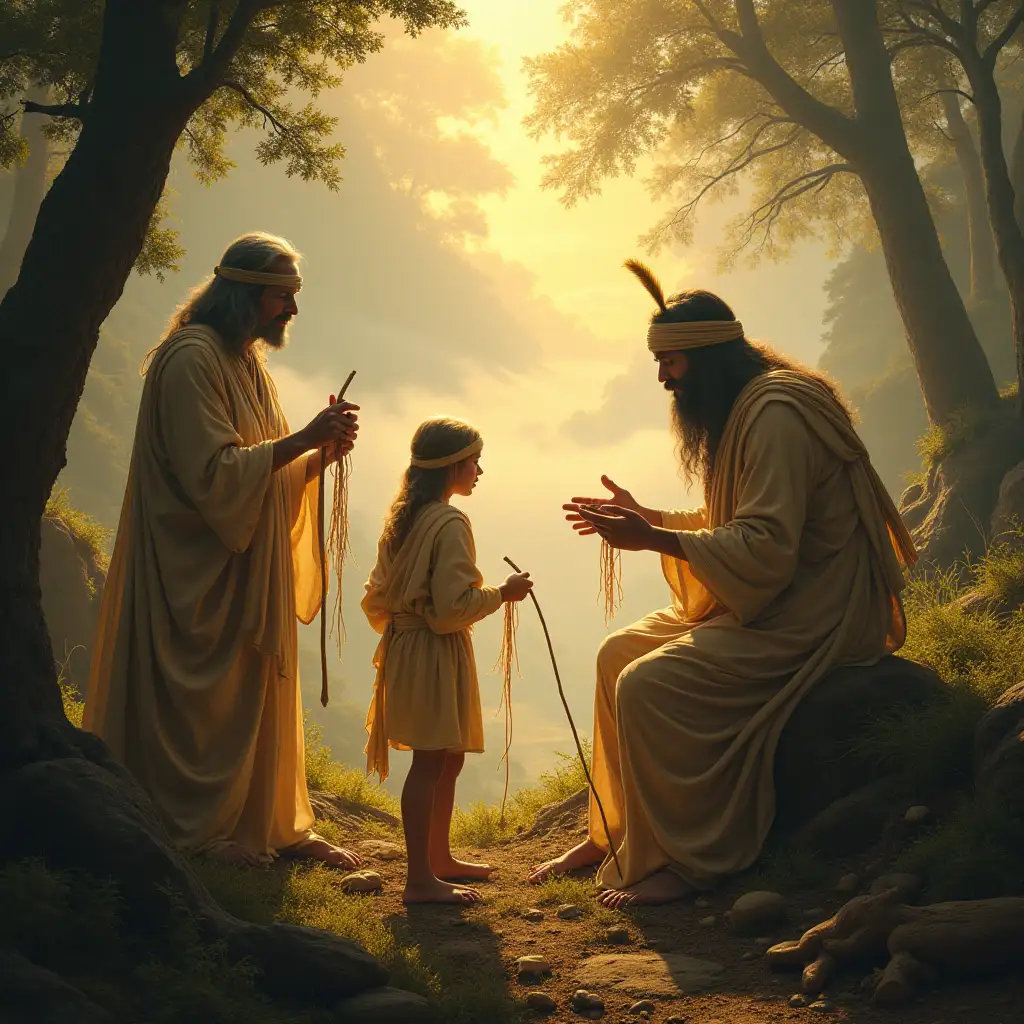 A symbolic scene of supernatural beings teaching weaving and carving to early humans. Beings radiate light, while humans watch in awe. In the background, mist rises as the elder beings retreat into forests and hills.