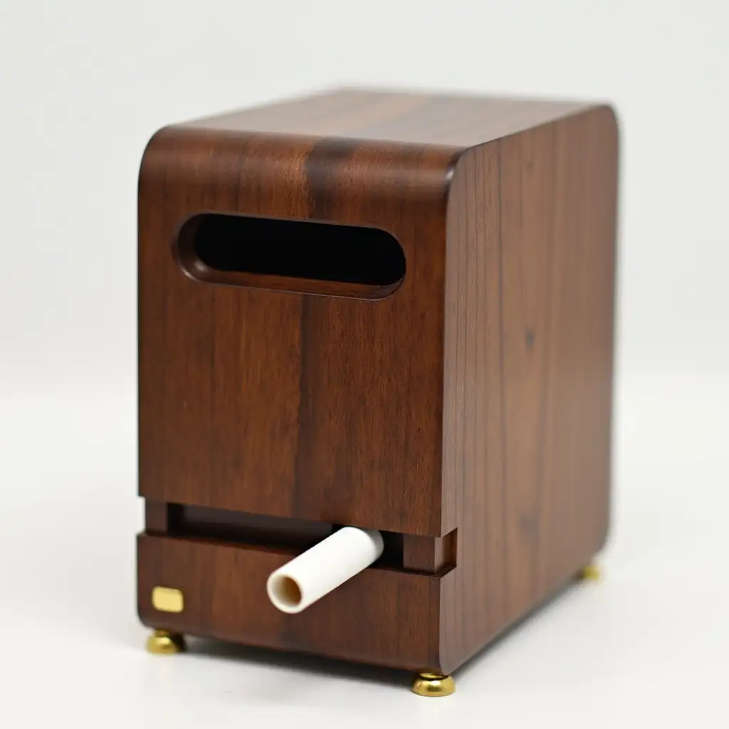 A luxury wooden cigarette dispenser designed for 'Terea' cigarettes, crafted from polished walnut wood with a smooth and minimalist finish. The dispenser features a precise lever mechanism on the side: when pressed, it gently releases a single cigarette through a designated slot at the base. The top includes a concealed sliding lid for easy refilling, maintaining a seamless aesthetic. The edges of the dispenser are rounded for a comfortable grip, while subtle grooves add an artisanal touch. Brass accents enhance the lever and slot, adding a sophisticated contrast to the rich wood grain. Perfect for modern interiors, the dispenser combines elegance and functionality, standing on small, non-slip brass feet to ensure stability on any surface