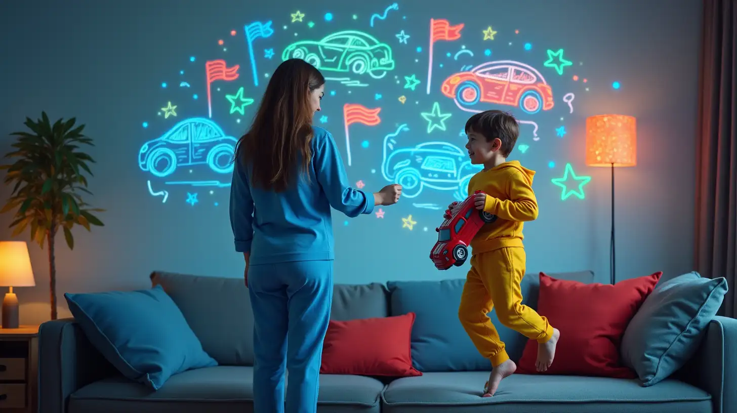 brunette woman dressed in blue pajamas standing in front of couch, 4 years dressed in yellow pajamas holding a red toy car is jumping in couch, living room with blue, red, grey, and white elements, crayon kid drawing of cars, lighting, flags are floating all around, the drawings emit a neon light