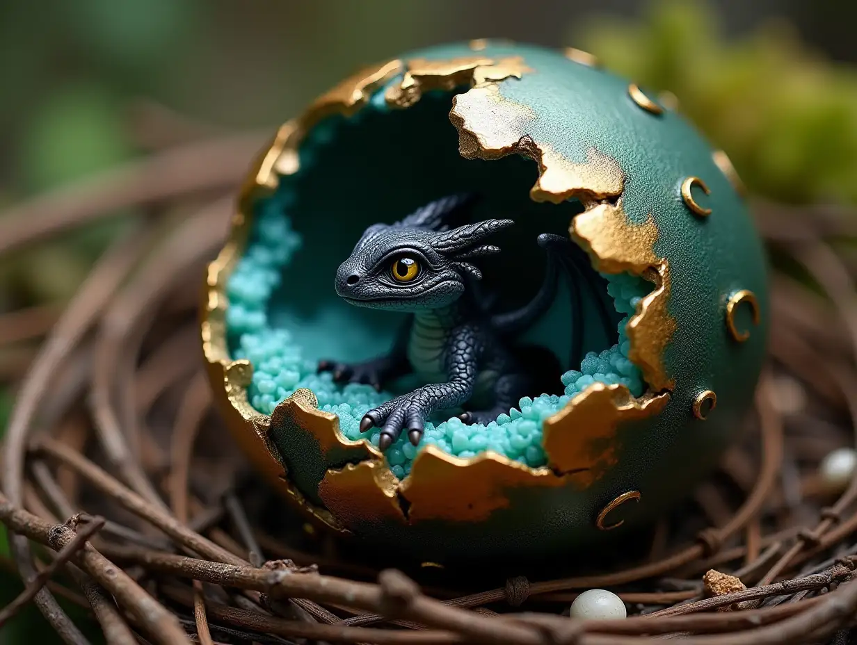 Gold Dragon Egg with dark metallic green color, broken with robust and hard textured scales of extremes. Realism, inside is the mucous membrane of light blue color, with a very realistic fluid, bright and viscous texture, in the middle of the egg is a hatchling. Black baby dragon with its little blue and white wings, its scales are extremely realistic, robust and hard. Appearance, it has very realistic yellow eyes. The egg is in a nest of branches, wild flowers and fresh moss hyperrealistic.