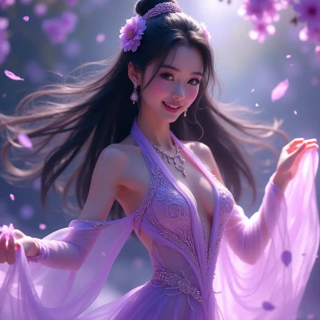 Digital art, A charming young oriental dancer with long black hair, in a translucent luxurious lavender outfit decorated with pink and silver sequins and chains, Perfect face, a mythical beauty, that does not even exist. stunning details, lighting effects, fantasy background, purple flowers,petals, luminous particles, sparks, whirling dance, dynamic pose,The lighting highlights her face and graceful figure, a masterpiece