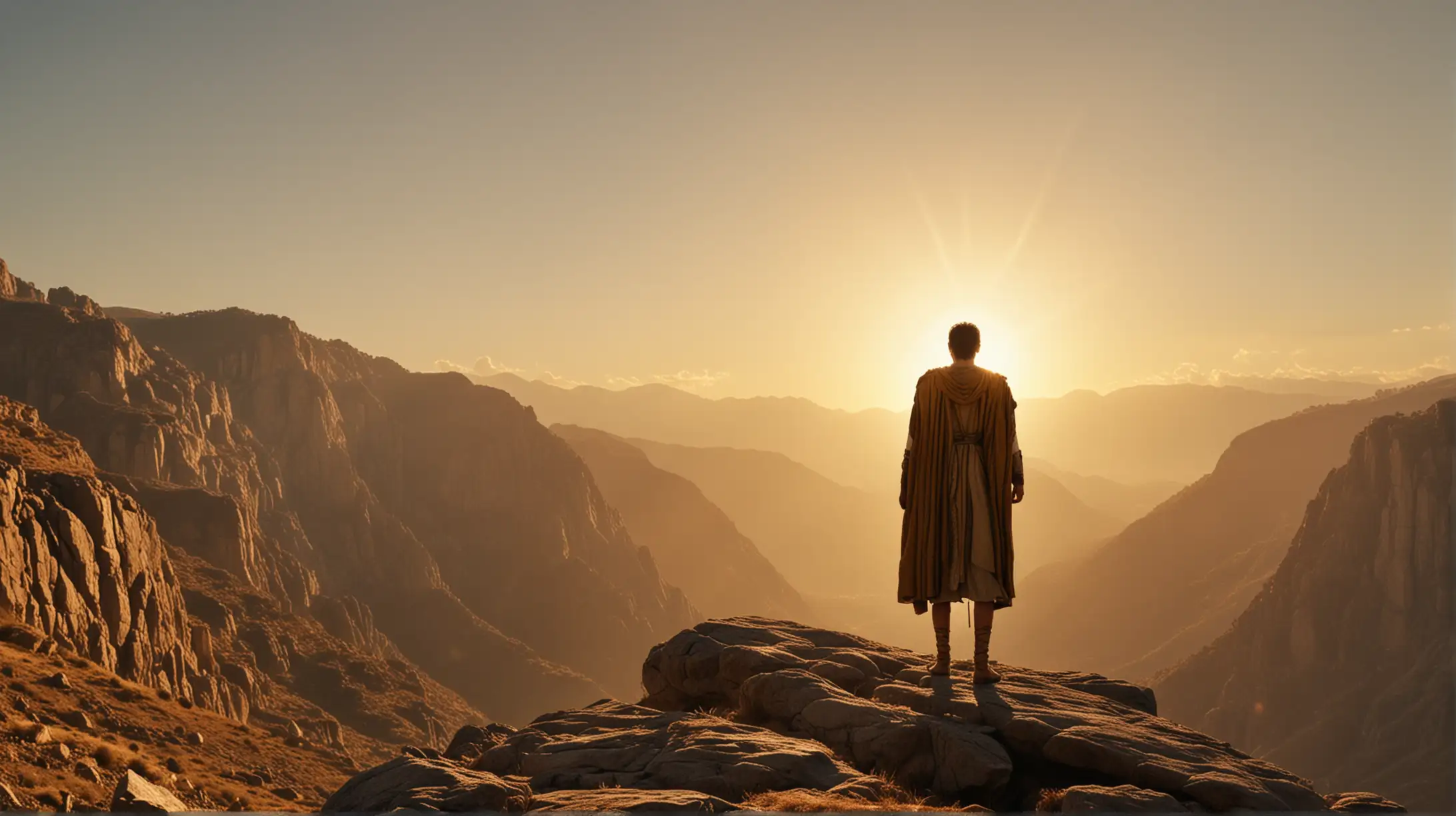 Regal Man Standing on Mountainous Rock with Golden Sun Biblical Era Scene