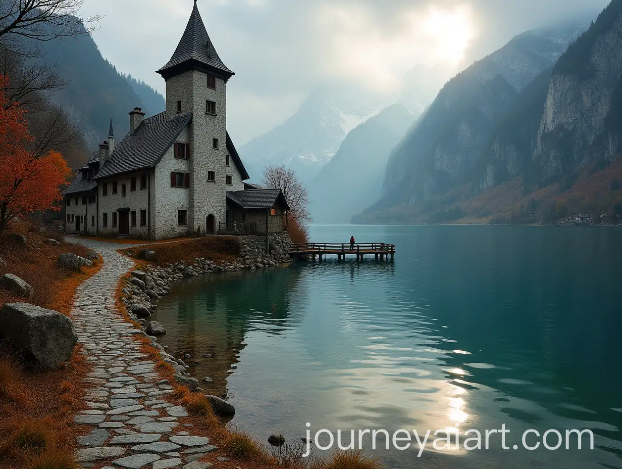 Medieval-Alpine-Village-by-Crystal-Clear-Lake-in-Autumn