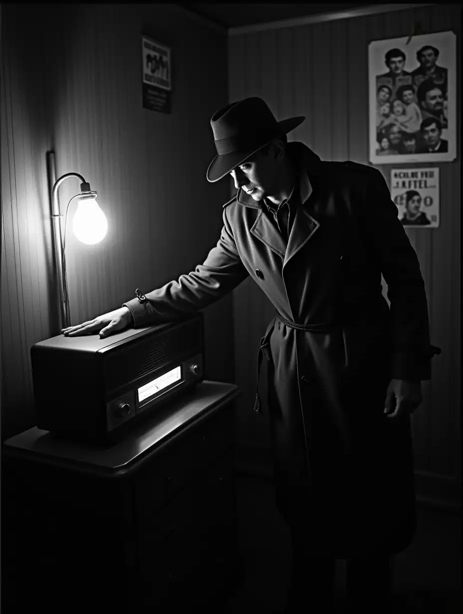 Mysterious-Noir-Character-Turning-Off-Old-Radio-in-Dimly-Lit-Room