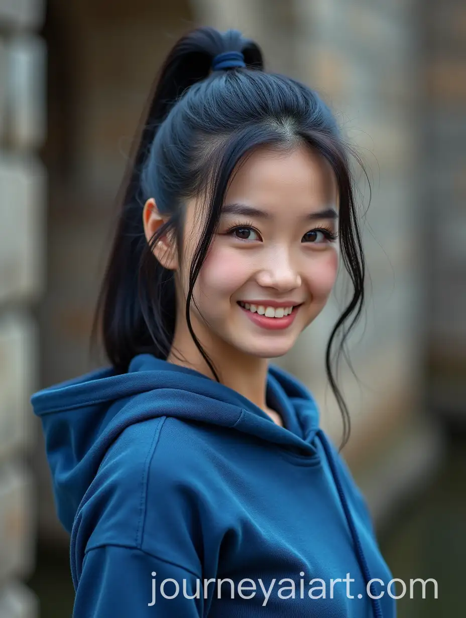 Happy-Chinese-Woman-in-Cropped-Hoodie-at-Castle