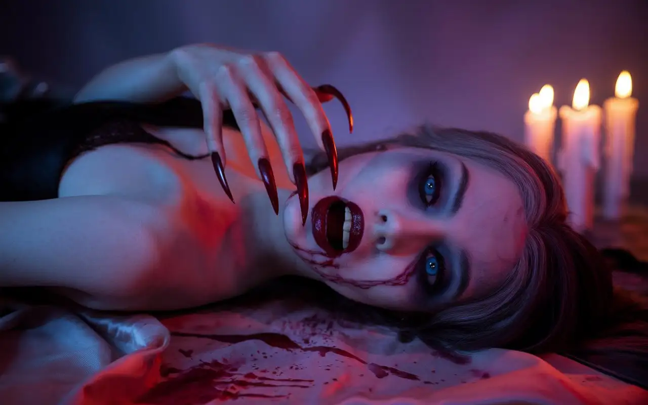 Woman-with-Claws-Lying-in-BloodSoaked-Scene-with-Candles-and-Dark-Lighting