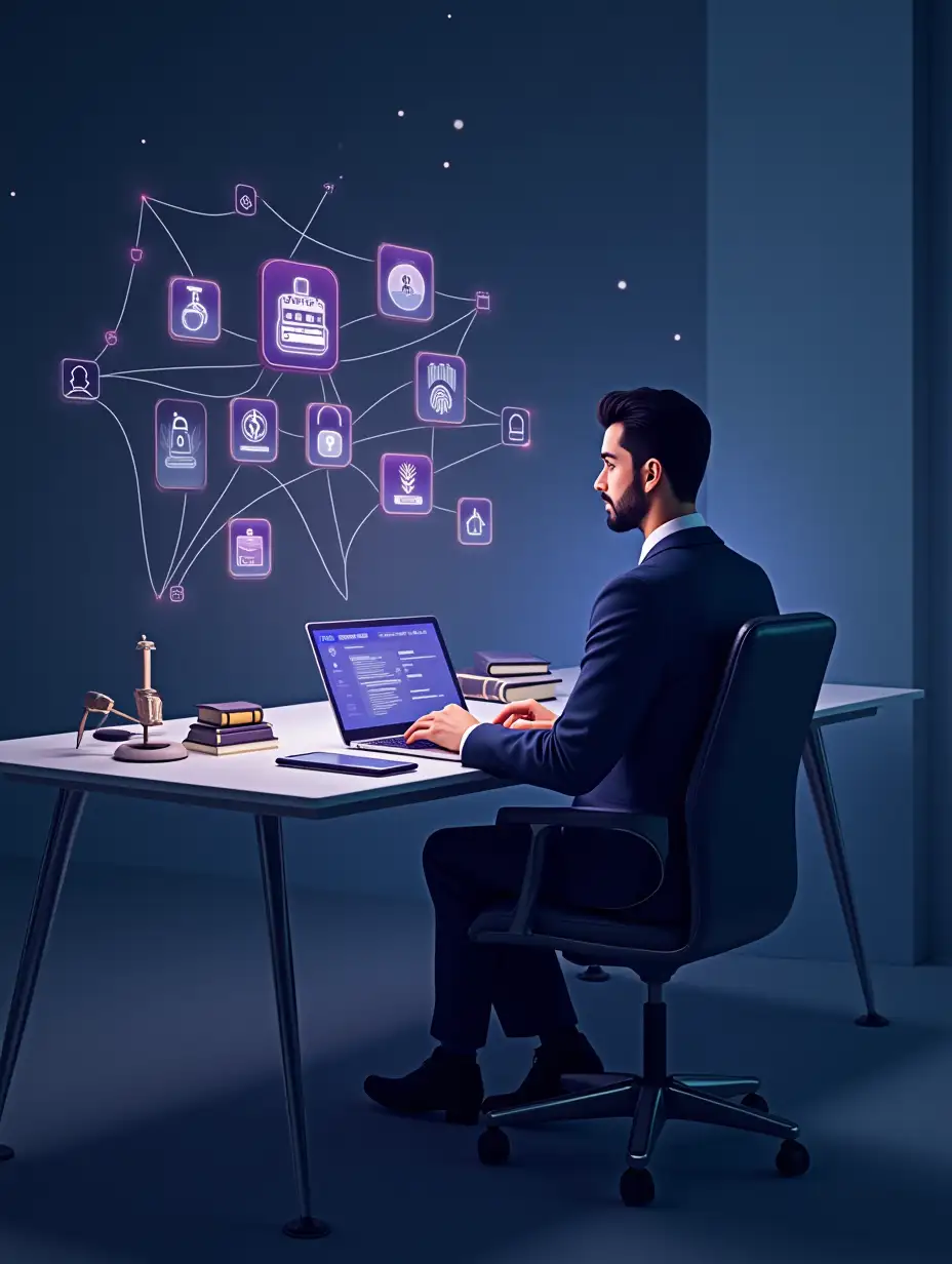 A realistic male lawyer sitting on the left side of the image at a modern digital desk, wearing a formal dark suit and tie, focused and working on a laptop. The laptop screen shows a professional law firm website. Around him, floating semi-transparent digital icons: contact form, appointment calendar, message/chat icon, justice scale ⚖️, a pie chart and bar graph, glowing holographic folders, a fingerprint scan, digital contract document, and a secure padlock. On the desk are a smartphone, a tablet, a legal book, a glowing Persian-style law firm logo in deep purple, connected by glowing lines to suggest interconnectivity. The background is a clean modern minimalist office or abstract digital space, with network and cloud symbols subtly floating in the sky to reflect an online presence. Strong use of legal elements like books, gavel, documents, and scales of justice, combined with tech elements like data charts, biometric icons, and digital UI. Color palette: deep indigo/purple-blue (matching the logo), white, light gold, cool bluish accents.