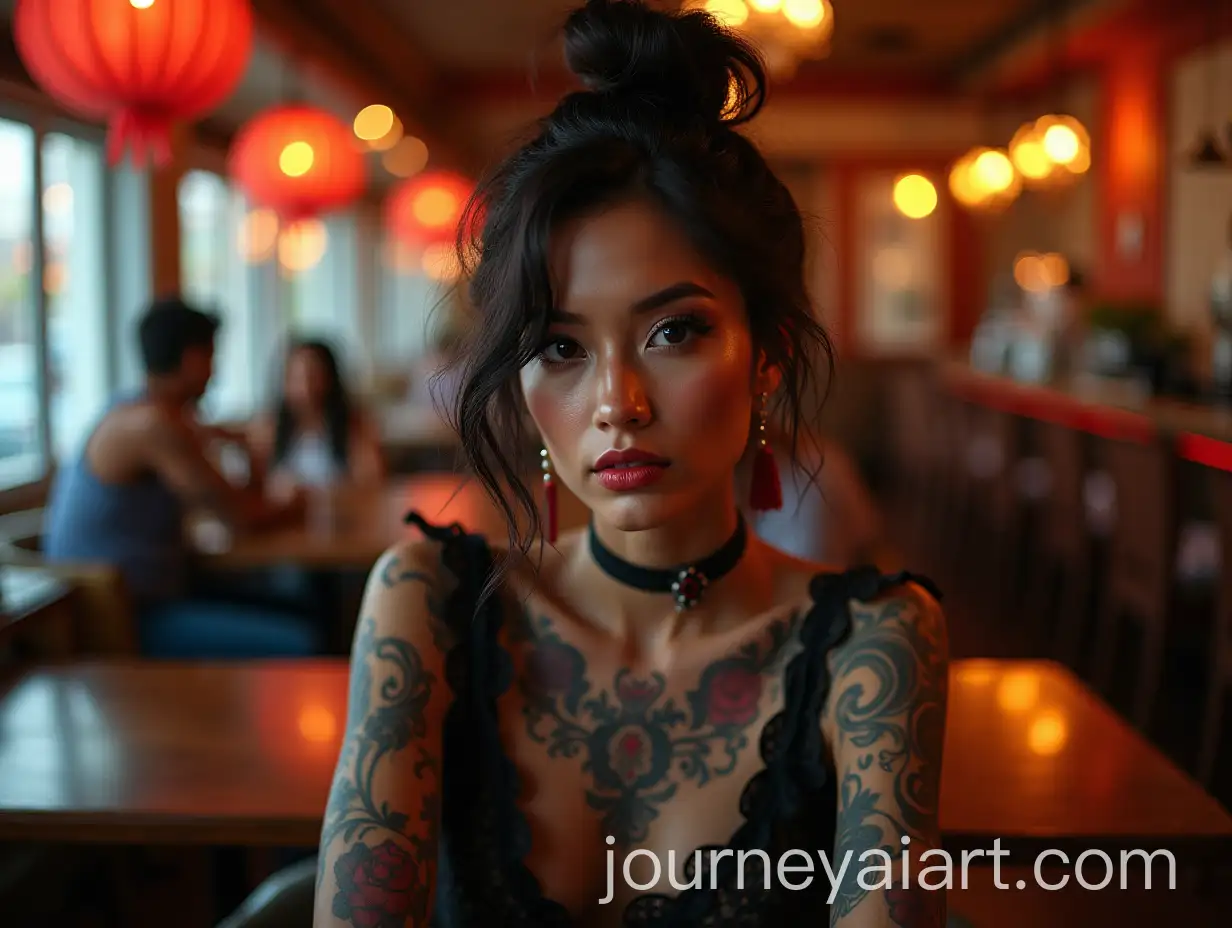Tattooed-Woman-in-Baroque-Fashion-atAI-Image-Prompt-Expansion-a-Cafe-with-Vibrant-Lighting-and-Reflective-Table