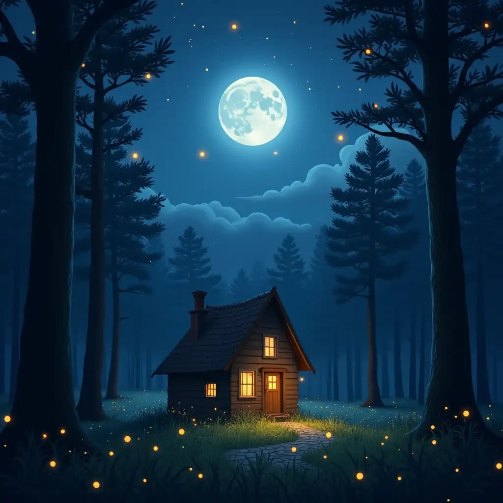 Moonlit-Forest-House-with-Fireflies-at-Night