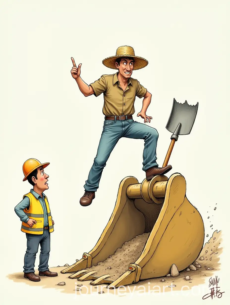 Man-in-Straw-Hat-Climbing-Giant-Mining-Shovel-with-Supervisor-Watching-in-Confusion