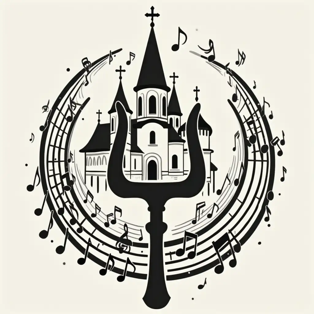 logo in a circle shape, musical tuning fork in the foreground, orthodox church behind it, music staff underneath with many music notes running away all over the logo