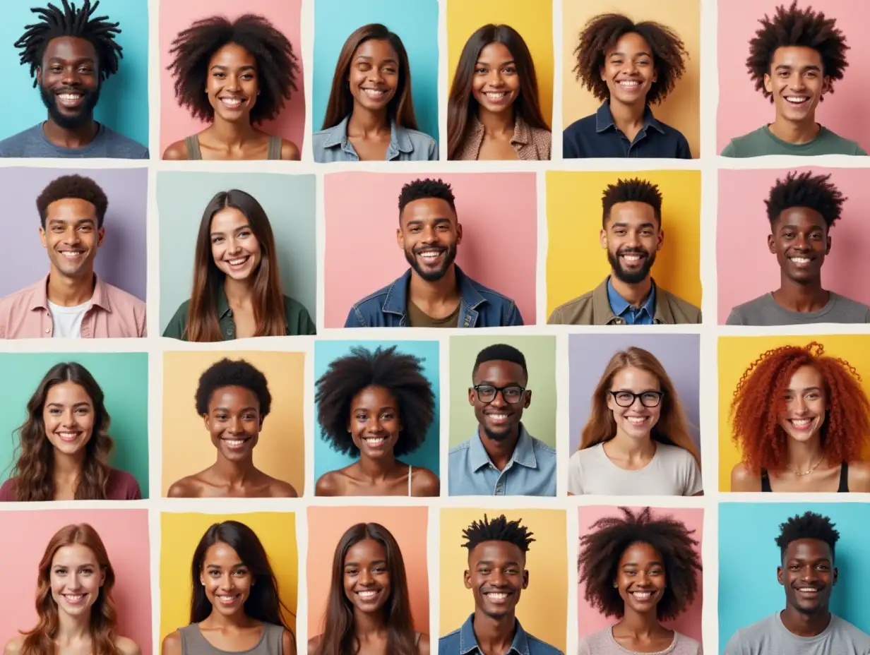 Image is a collage of twenty diverse individuals arranged in a 4x5 grid against various pastel-colored backgrounds. Each person is smiling, showcasing a range of facial features and skin tones. The top row includes individuals with dark, light, and medium skin tones, featuring a mix of hairstyles such as braids, straight, and curly hair. The second row continues with a similar diversity, including a man with a beard and a woman with long, straight hair. The third row features a mix of genders and ethnicities, with individuals wearing casual clothing. The bottom row includes a woman with red hair and a man with curly hair, both smiling broadly. The overall style is vibrant and inclusive, highlighting a wide array of expressions and appearances.