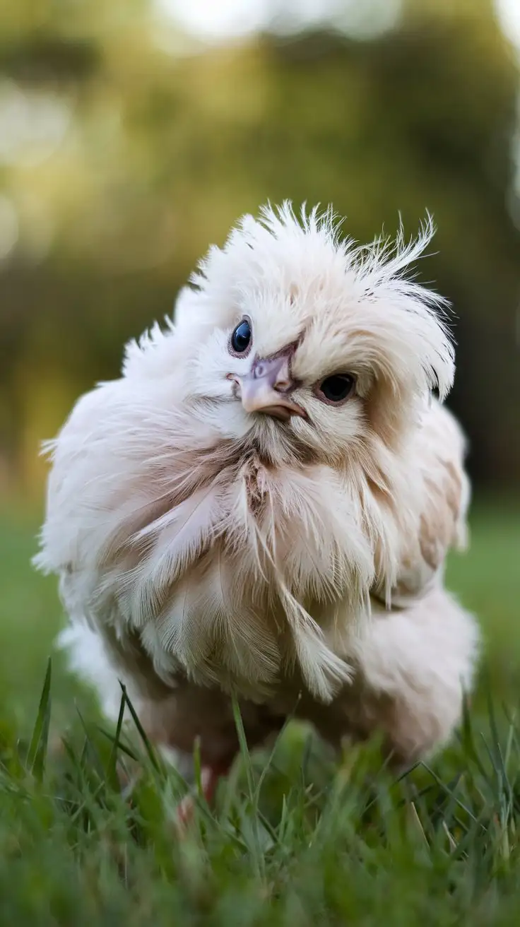 Close-up, adorable fluffy white Silkie chicken head, soft feathers, black eyes, inquisitive head tilt, looking directly at the camera, natural outdoor lighting, green grass background, shallow depth of field, bokeh, cute, pet chicken, daytime