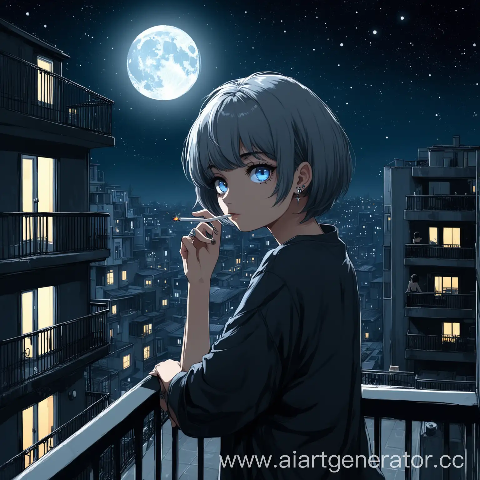 Girl-with-Short-Gray-Hair-Smoking-on-Balcony-Under-the-Full-Moon