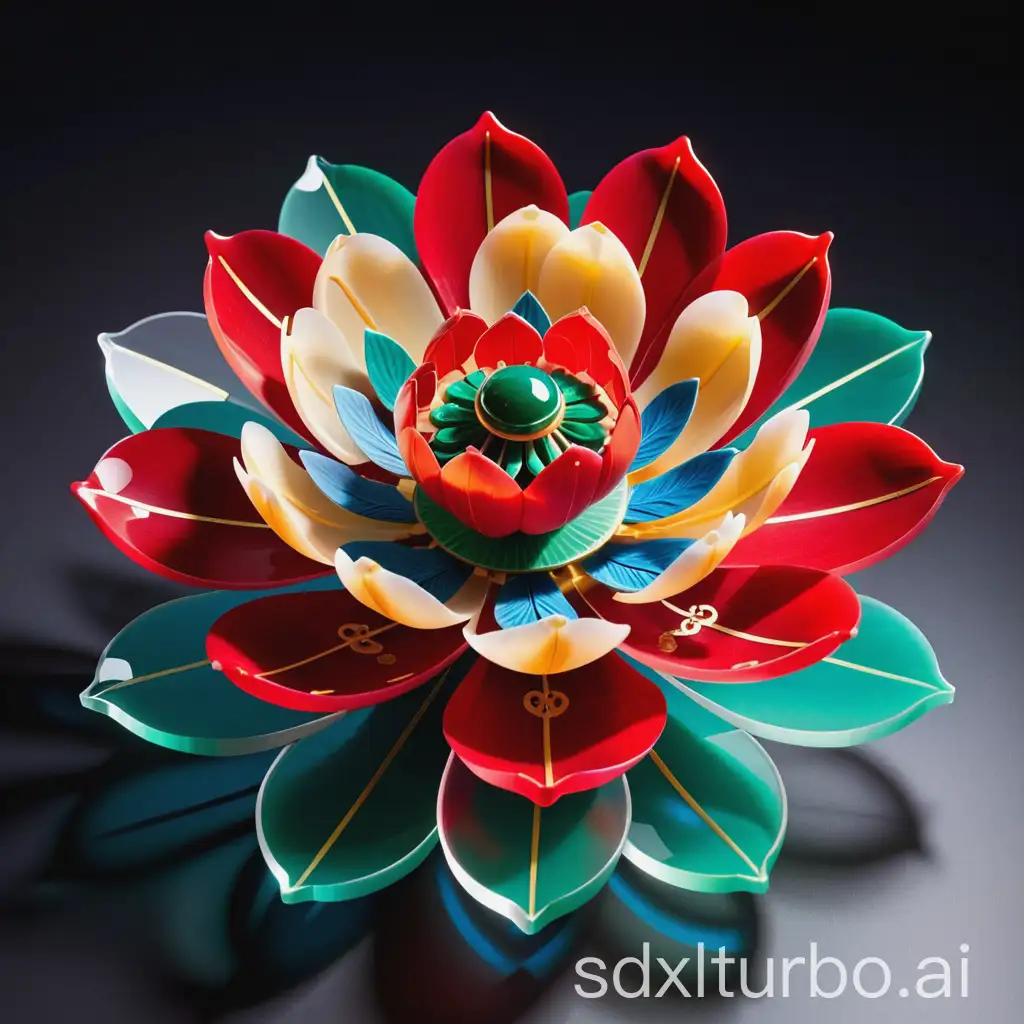 A realistic 3D modular sculpture inspired by the traditional Chinese 'Baoxiang flower' (宝相花) motif, composed of layered, symmetrical floral elements resembling lotus, peony, and honeysuckle. The structure is built from colorful transparent acrylic pieces, assembled like educational building blocks for children. Each modular component showcases principles of axial symmetry and fractional segmentation, echoing classical Chinese aesthetics. The overall form resembles an elegant, sacred ornament with vibrant jewel-tone colors (red, gold, jade green, sapphire blue), captured with soft natural lighting and clean background. The design emphasizes both beauty and educational value, showing how ancient patterns can become interactive 3D puzzles.