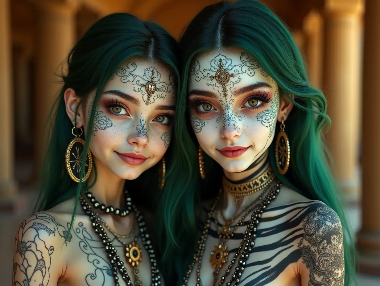 Two young black and white patterned girls with alien face, with green hair, with a light smile on their faces, accentuating their smiles, modern retro jewelry, in a temple with much gold in various shades 4k quality