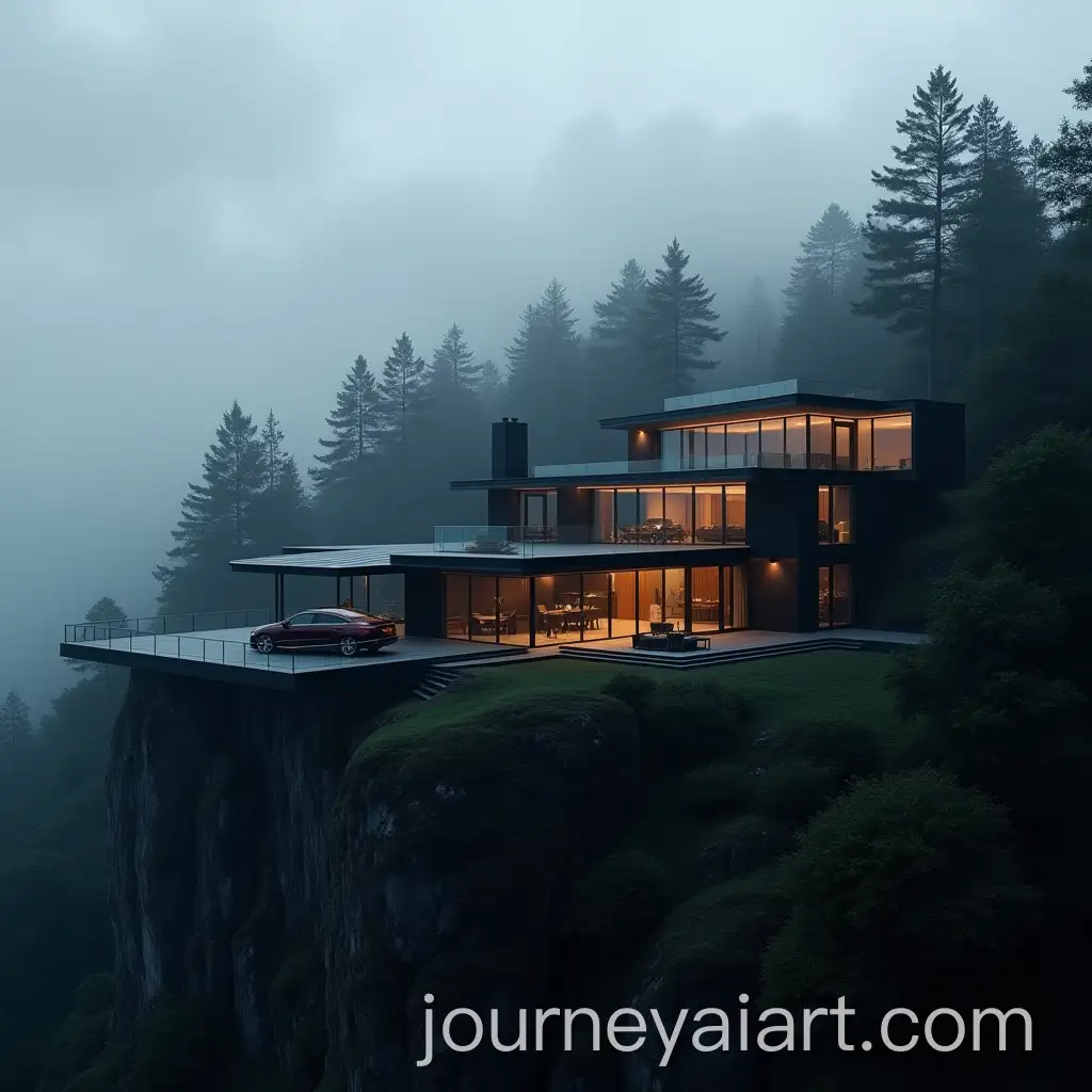 Modern-Villa-Shaped-Like-a-Black-Benz-Car-on-a-Foggy-Forest-Cliff