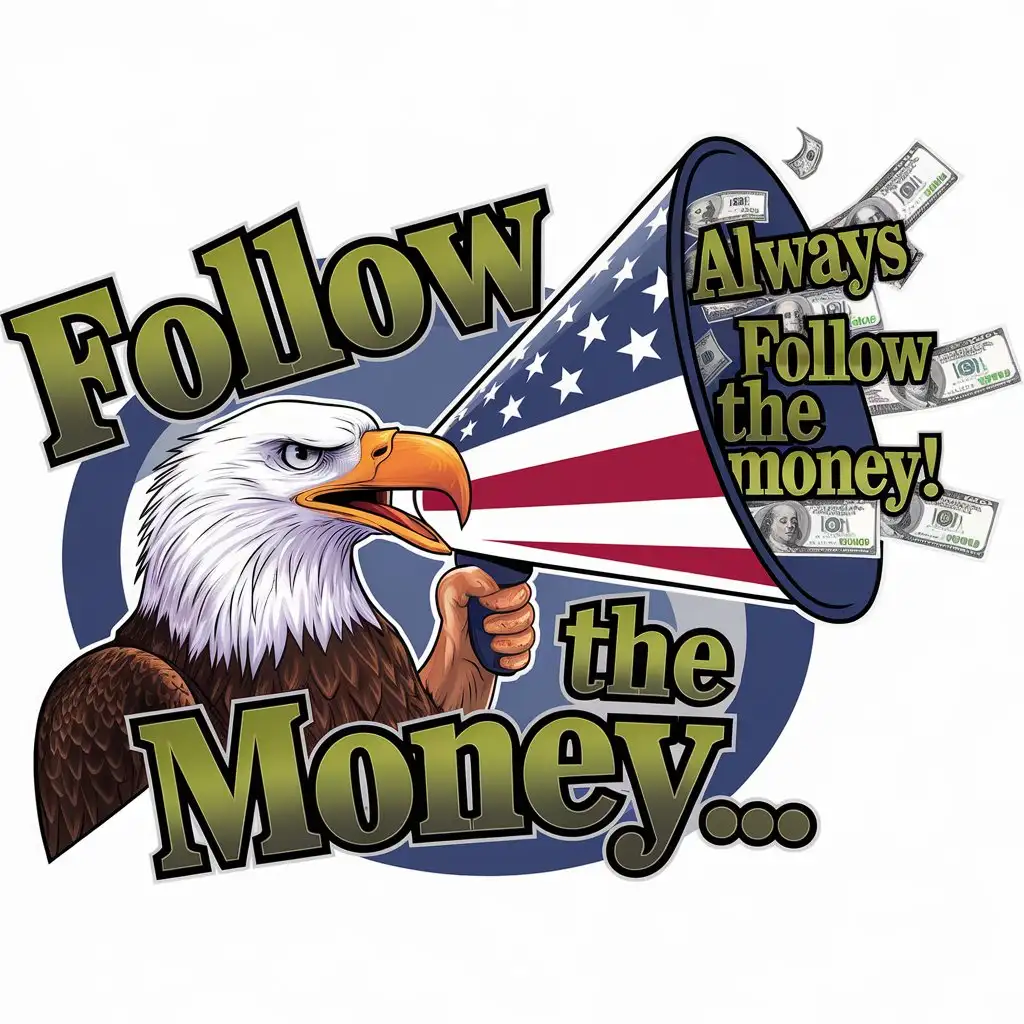 LOGO Design for Follow the Money American Bald Eagle with Megaphone and US Dollar Symbolism